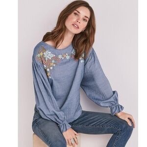 Lucky Brand Chambray Floral Embroidered Boho Women’s Blouse Size Large